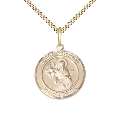St. Matthew Round Gold-filled Round Engravable Medal with Gold-plated Chain, Medium 3/4-inch tall by 5/8-inch wide, Bliss Manufacturing