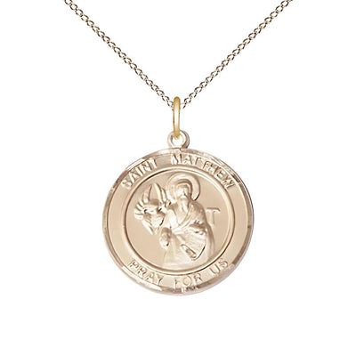 St. Matthew Round Gold-filled Round Engravable Medal with Gold-filled Chain, Medium 3/4-inch tall by 5/8-inch wide, Bliss Manufacturing
