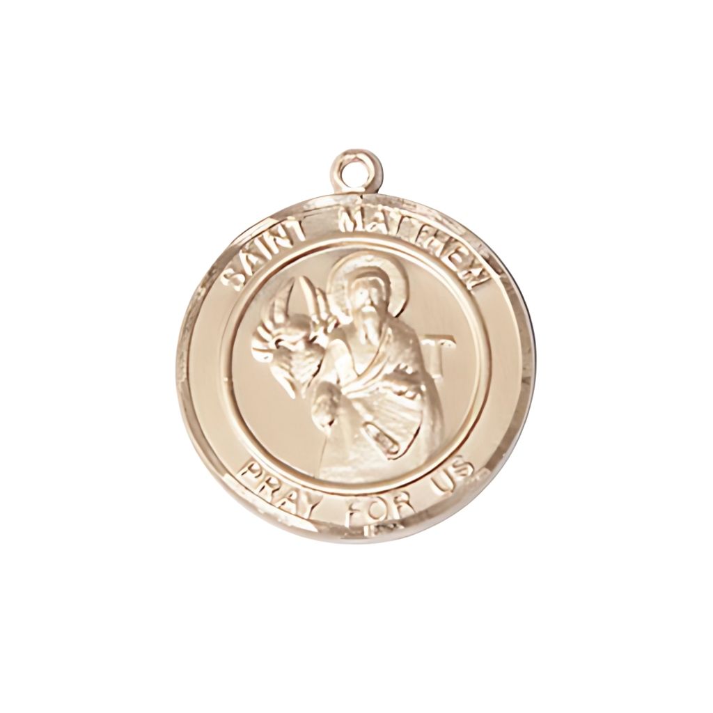 Bliss St. Matthew Round 14kt Gold Round Engravable Medal, Medium 3/4-inch tall by 5/8-inch wide