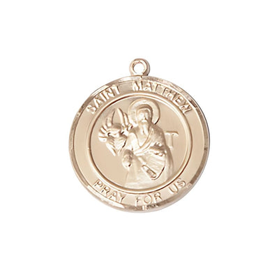 St. Matthew Round 14kt Gold Round Engravable Medal, Medium 3/4-inch tall by 5/8-inch wide, Bliss Manufacturing