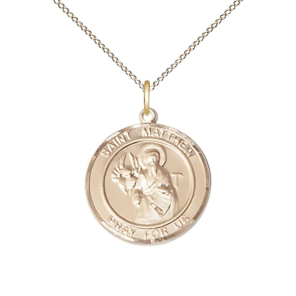 Bliss St. Matthew Round 14kt Gold Round Engravable Medal with 14kt Gold Chain, Medium 3/4-inch tall by 5/8-inch wide