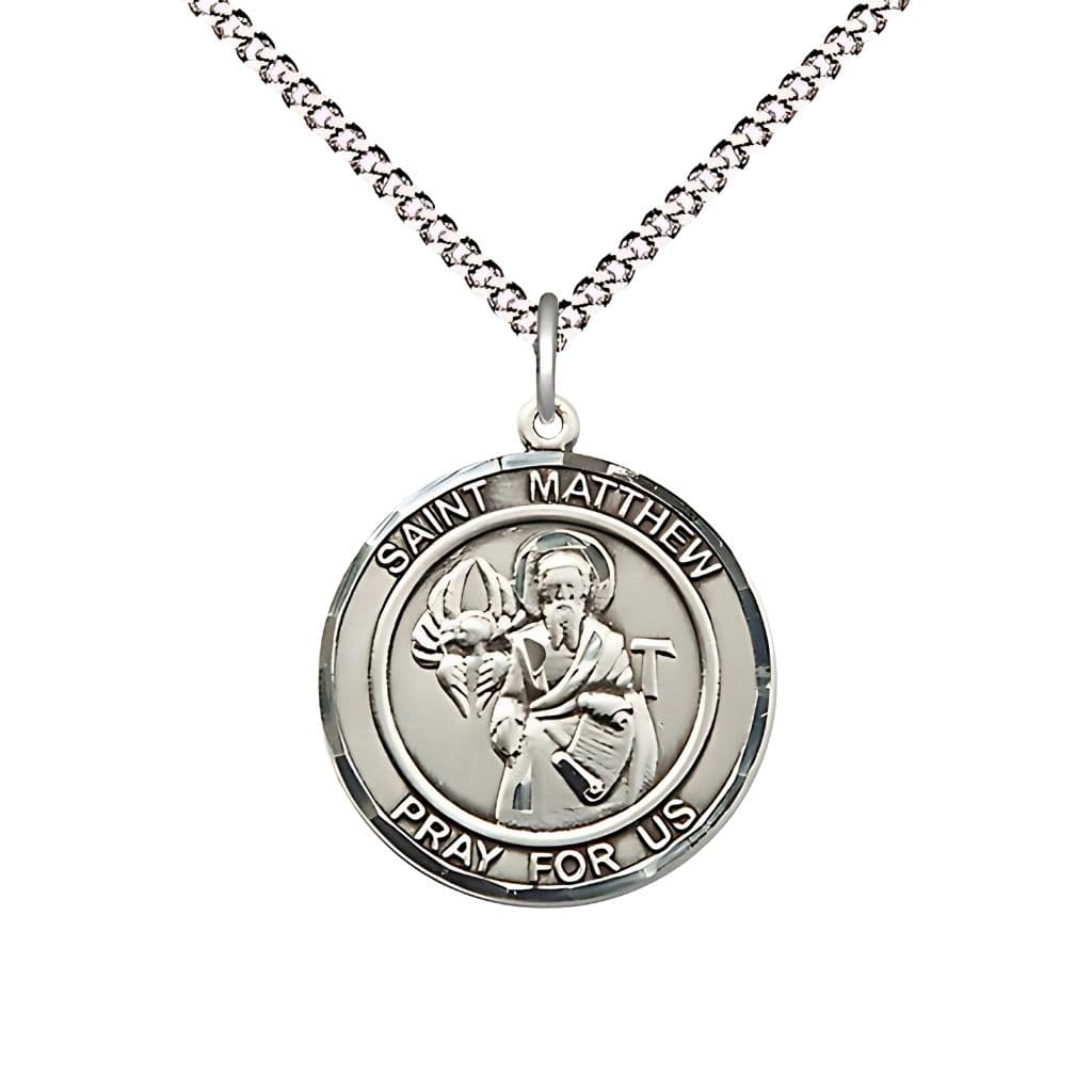 Bliss St. Matthew Round Pewter Round Engravable Medal with Plated Chain, Medium 3/4-inch tall by 5/8-inch wide