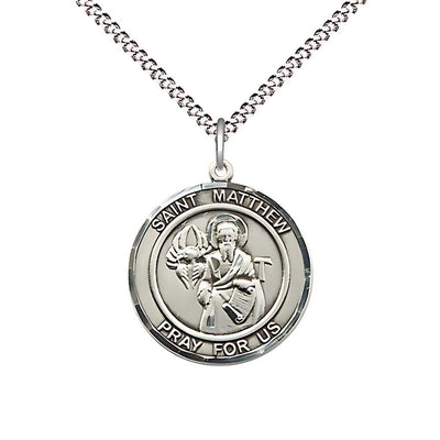 St. Matthew Round Sterling Silver Round Engravable Medal with Plated Chain, Medium 3/4-inch tall by 5/8-inch wide, Bliss Manufacturing