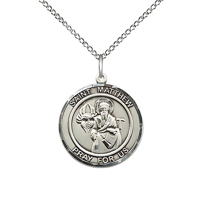 St. Matthew Round Sterling Silver Round Engravable Medal with Sterling Silver Chain, Medium 3/4-inch tall by 5/8-inch wide, Bliss Manufacturing