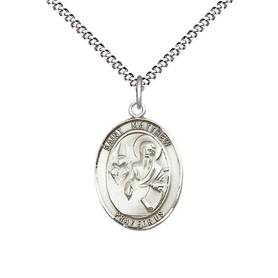 St. Matthew the Apostle Sterling Silver Oval Medal with Plated Chain, Measures 3/4-inch tall by 1/2-inch wide, Bliss Manufacturing