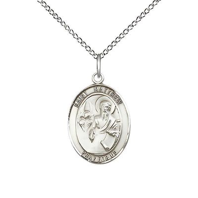 St. Matthew the Apostle Sterling Silver Oval Medal with Sterling Chain, Measures 3/4-inch tall by 1/2-inch wide, Bliss Manufacturing