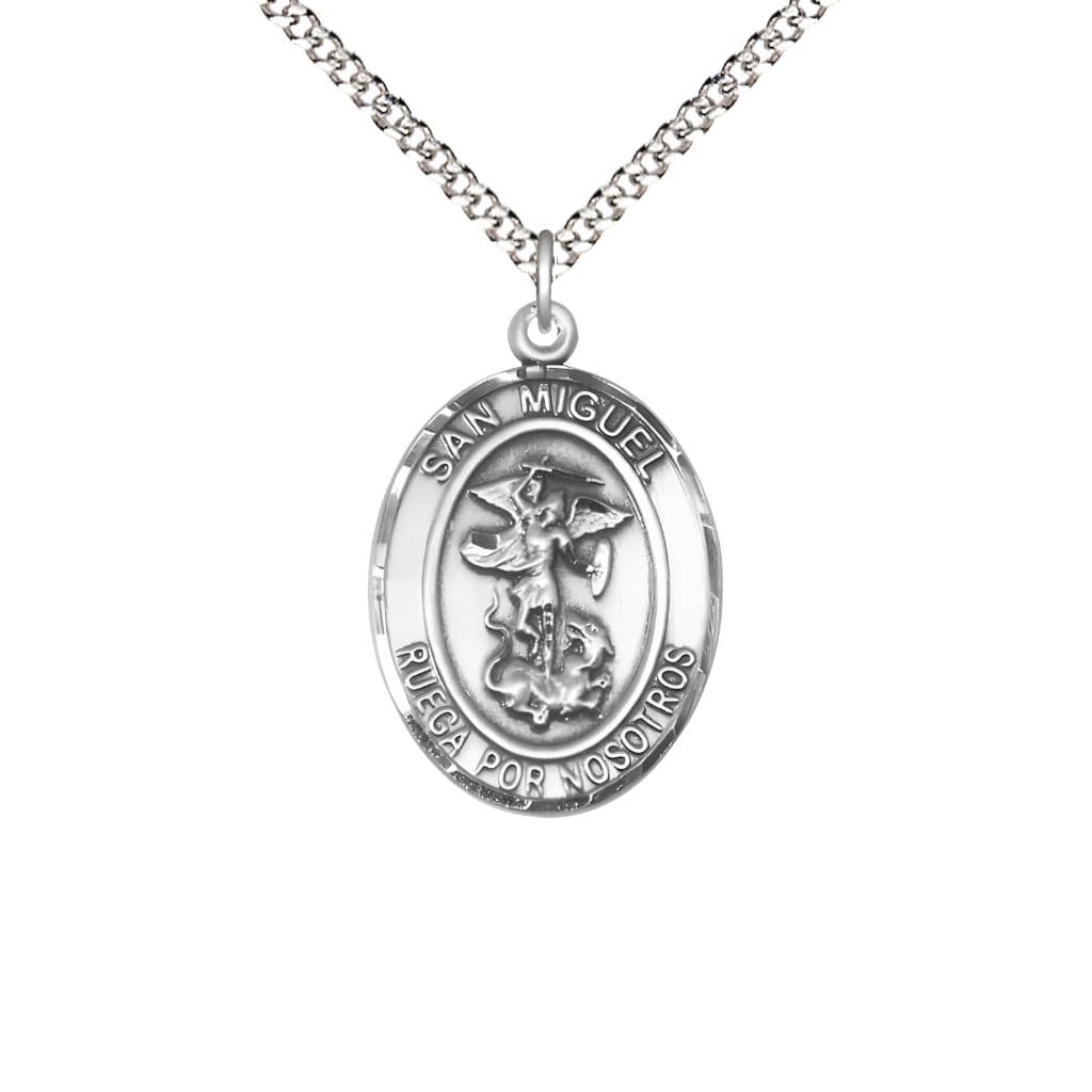 Bliss Spanish San Miguel Arcangel Pewter Oval Medal Pendant with Rhodium-plated Chain, Measures 3/4-inch tall by 1/2-inch wide. Deluxe Gift Box.