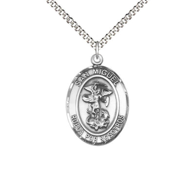 Spanish San Miguel Arcangel Pewter Oval Medal Pendant with Rhodium-plated Chain, Measures 3/4-inch tall by 1/2-inch wide. Deluxe Gift Box, Bliss Manufacturing
