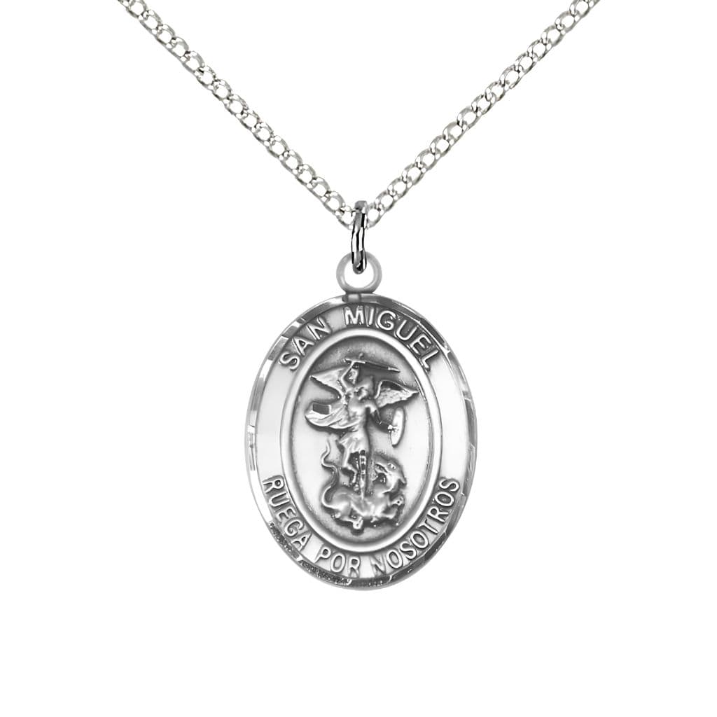 Bliss Spanish San Miguel Arcangel Sterling Silver Oval Medal Pendant with Sterling Silver Chain, Measures 3/4-inch tall by 1/2-inch wide.