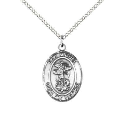 Spanish San Miguel Arcangel Sterling Silver Oval Medal Pendant with Sterling Silver Chain, Measures 3/4-inch tall by 1/2-inch wide, Bliss Manufacturing