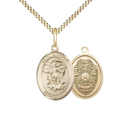 Police Officer St. Michael the Archangel 14kt Gold-filled Round Medal Pendant with Gold-plated Chain, Measures 3/4-inch tall by 5/8-inch wide. Deluxe Gift Box, Bliss Manufacturing