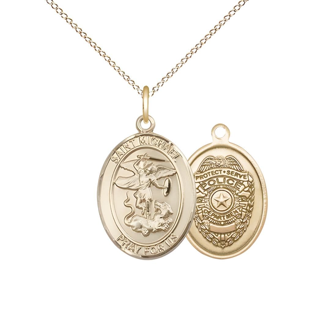 Bliss Police Officer St. Michael the Archangel 14kt Gold-filled Round Medal Pendant with Gold-filled Chain, Measures 3/4-inch tall by 5/8-inch wide. Deluxe Gift Box.