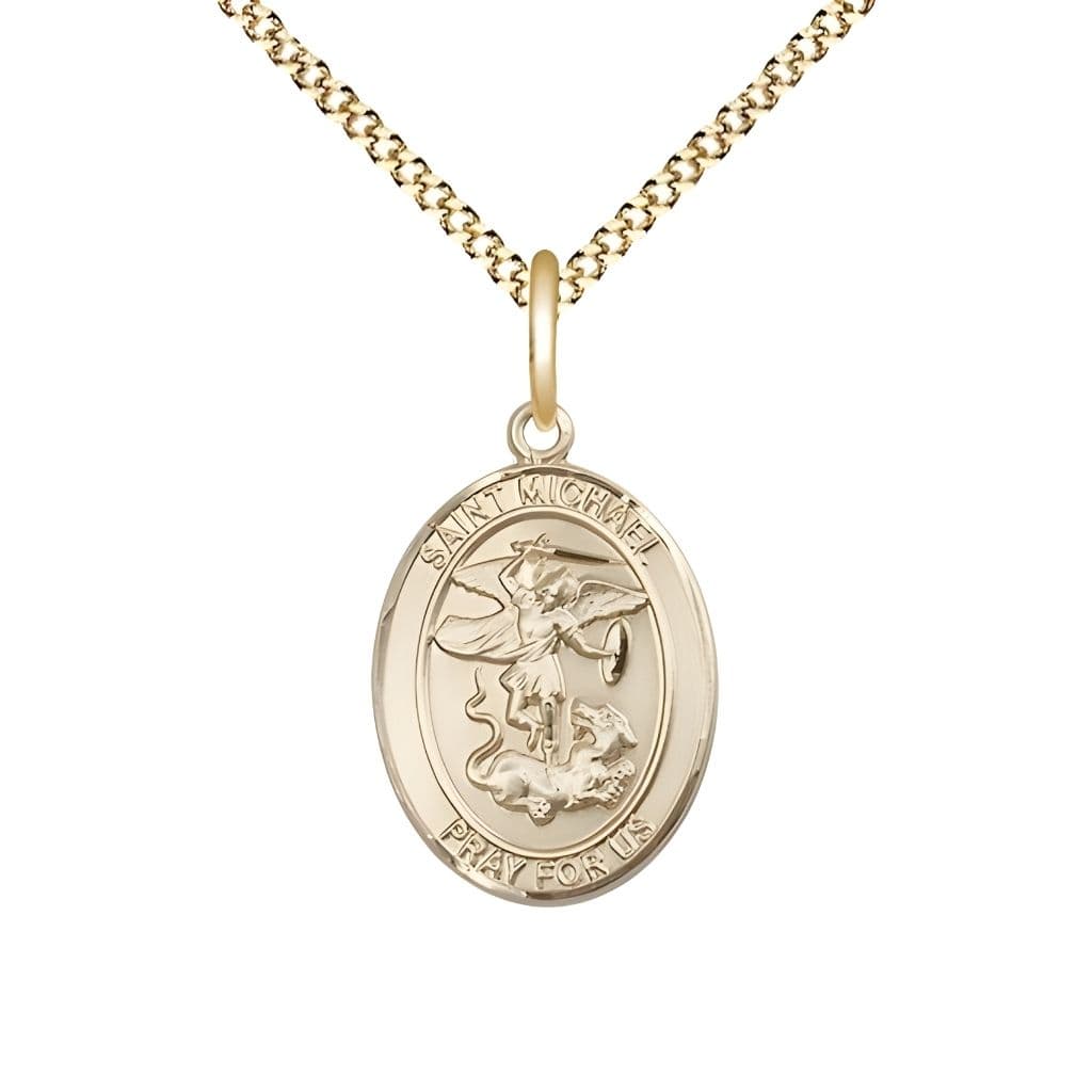 Bliss St. Michael the Archangel 14kt Gold-filled Oval Medal Pendant with Gold-plated Chain, Measures 3/4-inch tall by 1/2-inch wide. Deluxe Gift Box.