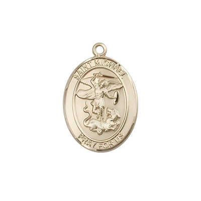 St. Michael the Archangel 14kt Gold Oval Medal Pendant, Measures 3/4-inch tall by 1/2-inch wide. Deluxe Gift Box, Bliss Manufacturing