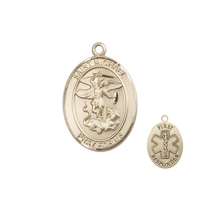 1st Responder St. Michael the Archangel 14kt Gold Oval Medal Pendant, Measures 3/4-inch tall by 1/2-inch wide. Deluxe Gift Box, Bliss Manufacturing