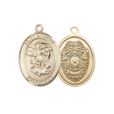 Police Officer St. Michael the Archangel 14kt Gold Oval Medal Pendant, Measures 3/4-inch tall by 1/2-inch wide. Deluxe Gift Box, Bliss Manufacturing