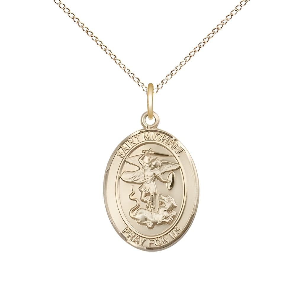 Bliss St. Michael the Archangel 14kt Gold Oval Medal Pendant with 14kt Gold Chain, Measures 3/4-inch tall by 1/2-inch wide. Deluxe Gift Box.