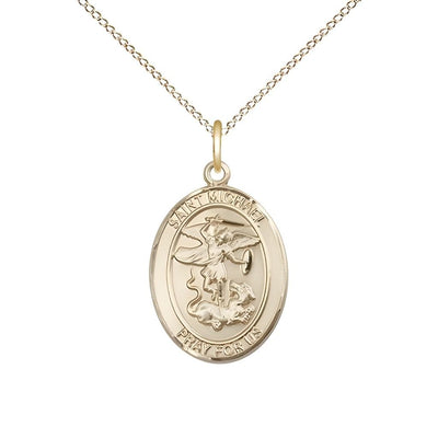 St. Michael the Archangel 14kt Gold Oval Medal Pendant with 14kt Gold Chain, Measures 3/4-inch tall by 1/2-inch wide. Deluxe Gift Box, Bliss Manufacturing