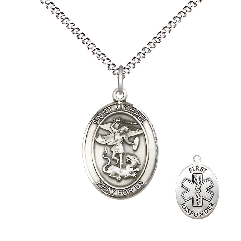 Bliss 1st Responder St. Michael the Archangel Pewter Oval Medal Pendant with Rhodium-plated Chain, Measures 3/4-inch tall by 1/2-inch wide. Deluxe Gift Box.