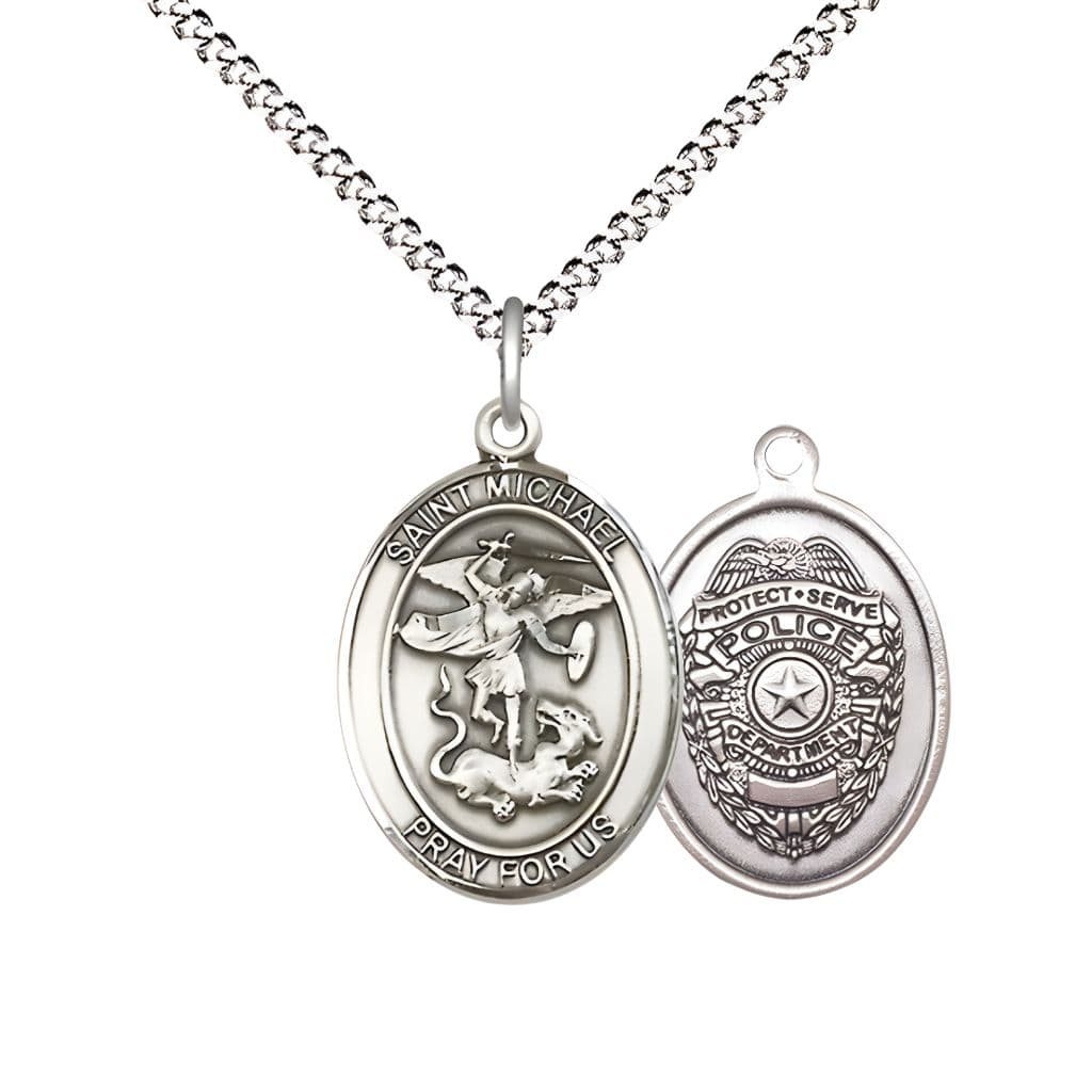 Bliss Police Officer St. Michael the Archangel Pewter Round Medal Pendant with Rhodium-plated Chain, Measures 3/4-inch tall by 5/8-inch wide. Deluxe Gift Box.