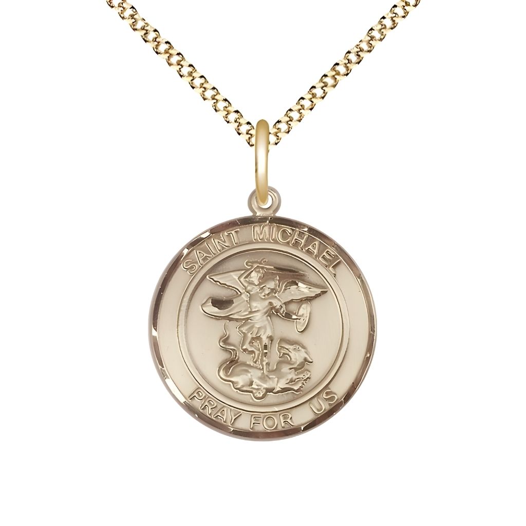 Bliss St. Michael the Archangel 14kt Gold-filled Round Medal Pendant with Gold-plated Chain, Measures 3/4-inch tall by 5/8-inch wide. Deluxe Gift Box.
