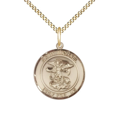 St. Michael the Archangel 14kt Gold-filled Round Medal Pendant with Gold-plated Chain, Measures 3/4-inch tall by 5/8-inch wide. Deluxe Gift Box, Bliss Manufacturing