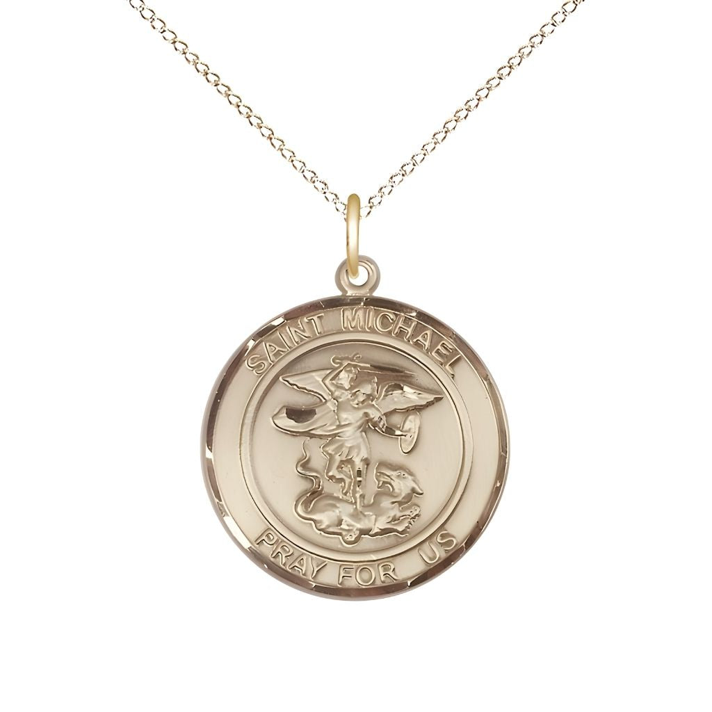 Bliss St. Michael the Archangel 14kt Gold-filled Round Medal Pendant with Gold-filled Chain, Measures 3/4-inch tall by 5/8-inch wide. Deluxe Gift Box.