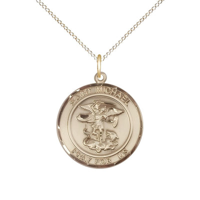 St. Michael the Archangel 14kt Gold-filled Round Medal Pendant with Gold-filled Chain, Measures 3/4-inch tall by 5/8-inch wide. Deluxe Gift Box, Bliss Manufacturing