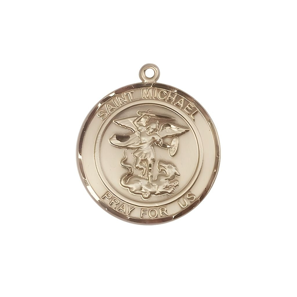 Bliss St. Michael the Archangel 14kt Gold Round Medal Pendant, Measures 3/4-inch tall by 5/8-inch wide.