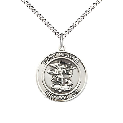 St. Michael the Archangel Pewter Round Medal Pendant with Rhodium-plated Chain, Measures 3/4-inch tall by 5/8-inch wide, Bliss Manufacturing