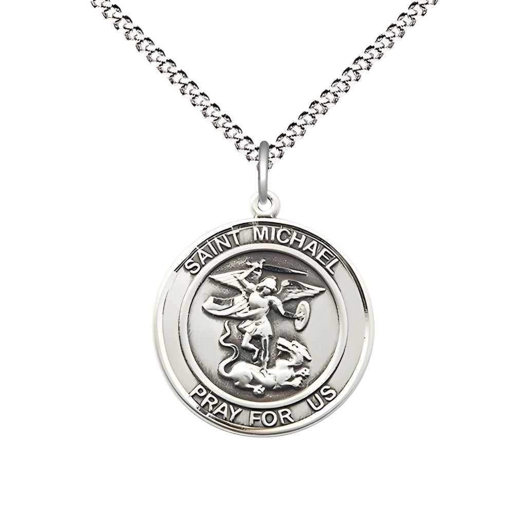 Bliss St. Michael the Archangel Sterling Silver Round Medal Pendant with Rhodium-plated Chain, Measures 3/4-inch tall by 5/8-inch wide.