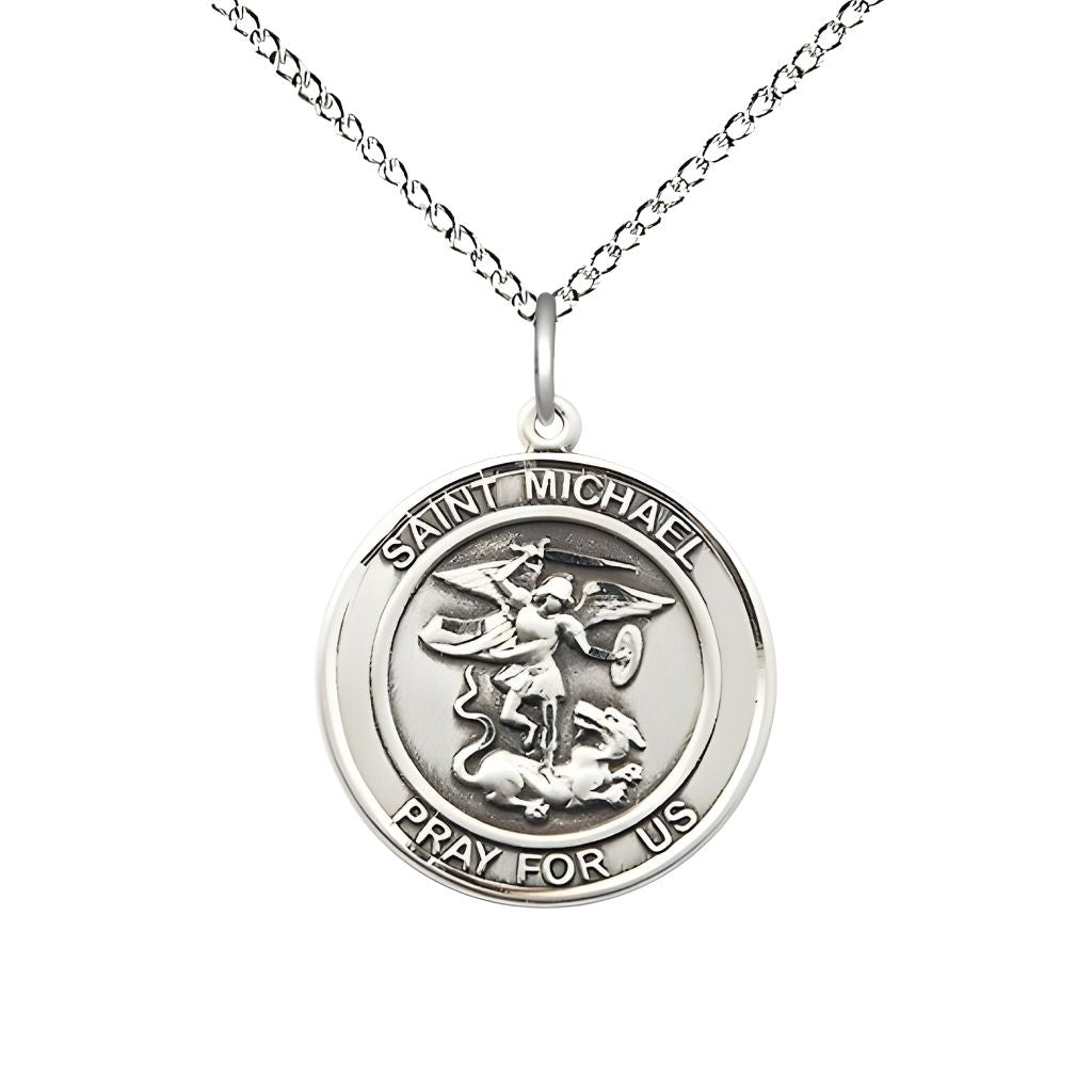 Bliss St. Michael the Archangel Sterling Silver Round Medal Pendant with Sterling Silver Chain, Measures 3/4-inch tall by 5/8-inch wide.
