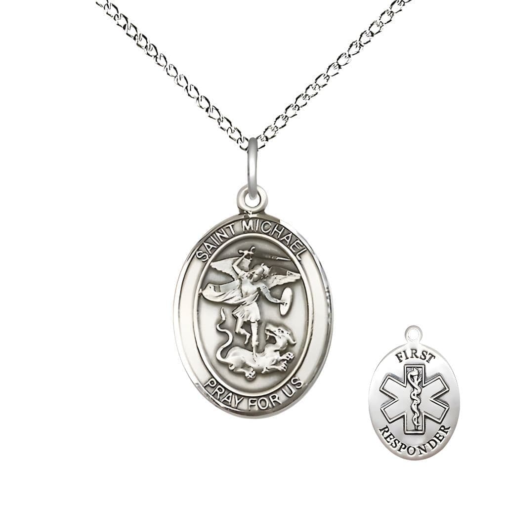 Bliss 1st Responder St. Michael the Archangel Sterling Silver Oval Medal Pendant with Sterling Silver Chain, Measures 3/4-inch tall by 1/2-inch wide. Deluxe Gift Box.