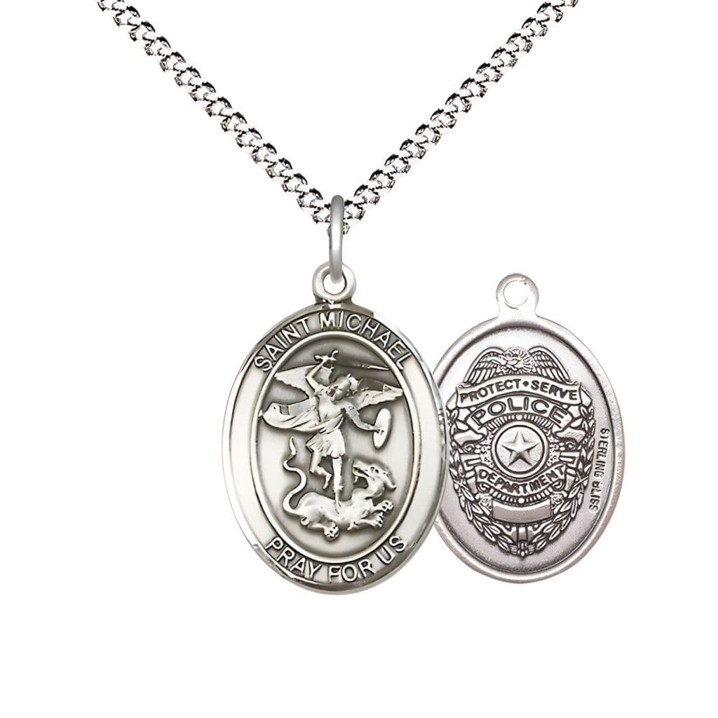 Bliss Police Officer St. Michael the Archangel Sterling Silver Round Medal Pendant with Rhodium-plated Chain, Measures 3/4-inch tall by 5/8-inch wide. Deluxe Gift Box.