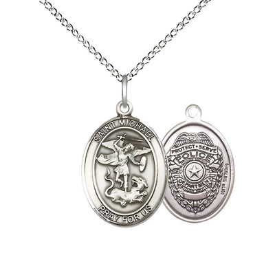 Police Officer St. Michael the Archangel Sterling Silver Round Medal Pendant with Sterling Silver Chain, Measures 3/4-inch tall by 5/8-inch wide. Deluxe Gift Box, Bliss Manufacturing