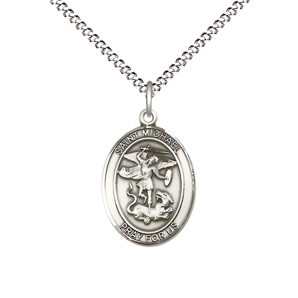 Bliss 1st Responder St. Michael the Archangel Sterling Silver Oval Medal Pendant with Rhodium-plated Chain, Measures 3/4-inch tall by 1/2-inch wide. Deluxe Gift Box.