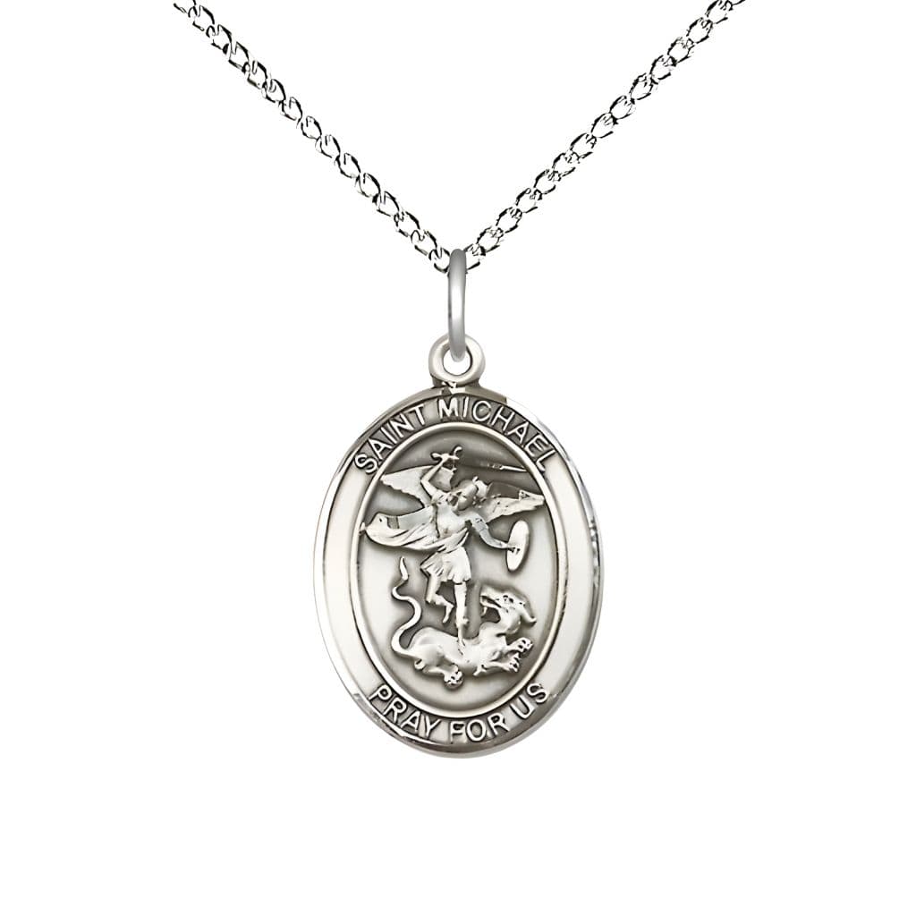 Bliss 1st Responder St. Michael the Archangel Sterling Silver Oval Medal Pendant with Sterling Silver Chain, Measures 3/4-inch tall by 1/2-inch wide. Deluxe Gift Box.