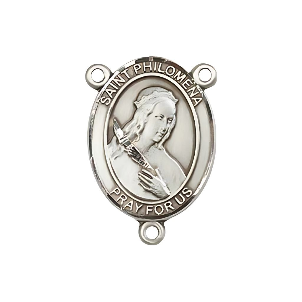 Bliss St. Philomena Engravable Rosary Silver Centerpiece, Measures 3/4-inch tall by 1/2-inch wide