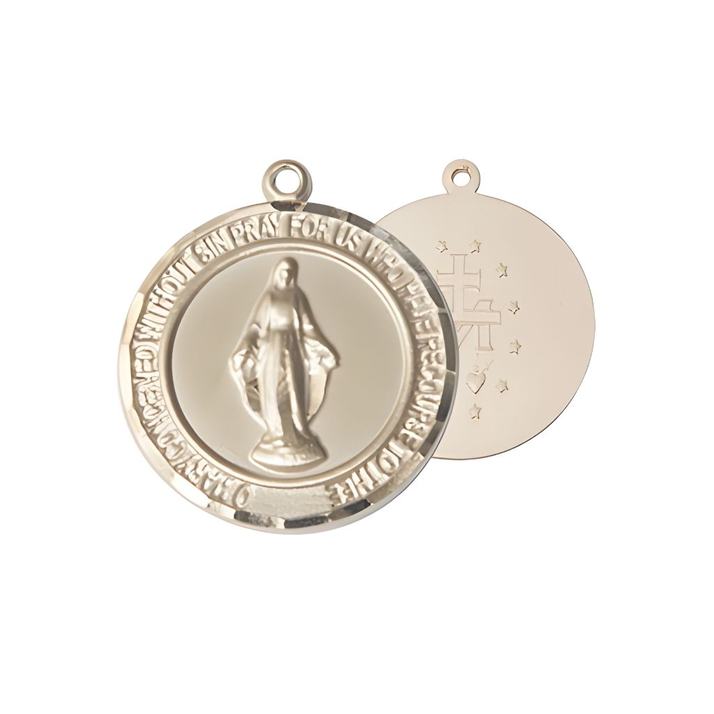Bliss Round Miraculous Medal 14kt Gold Pendant, Measures 3/4-inch tall by 5/8-inch wide