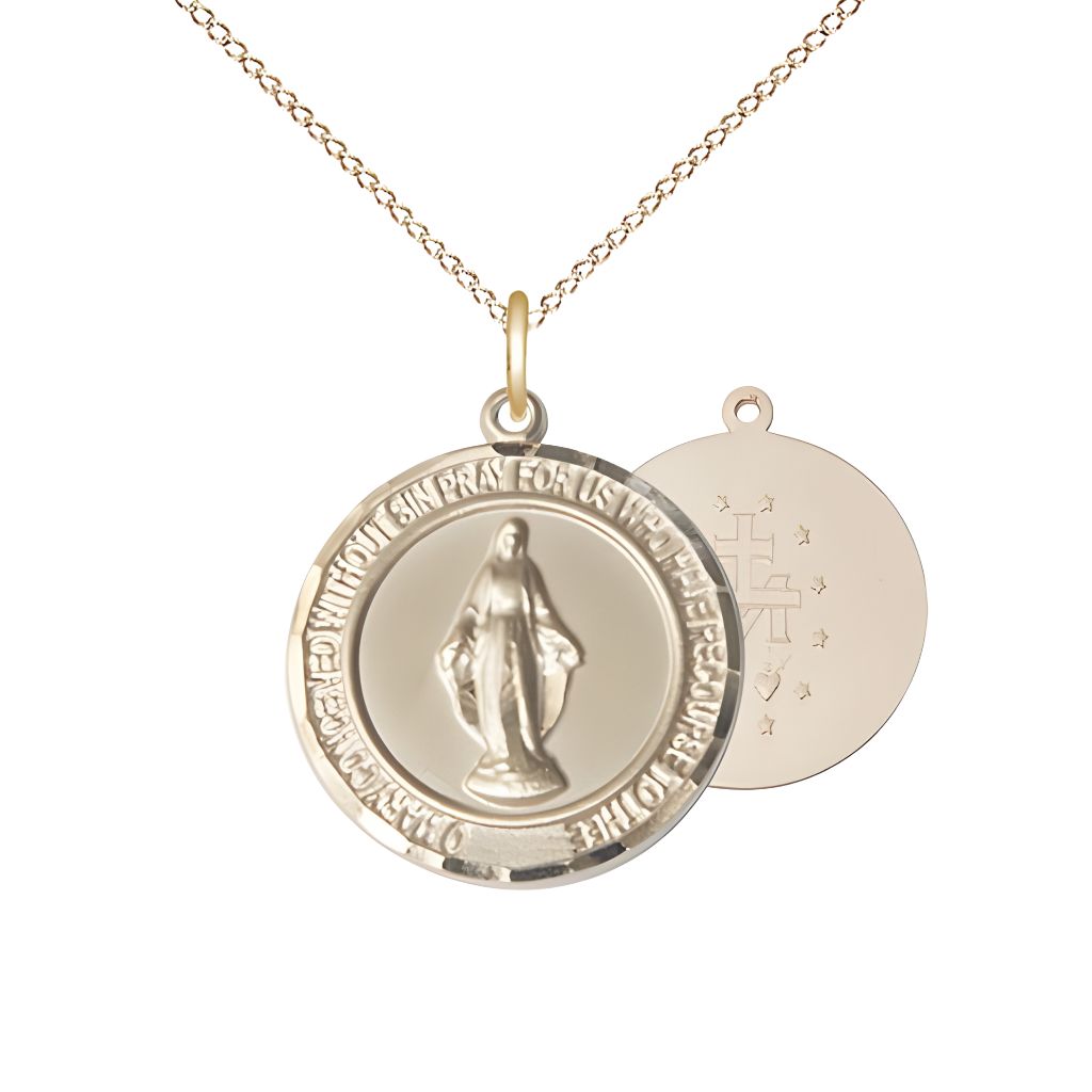 Bliss Round Miraculous Medal 14kt Gold Pendant with 14kt Gold Chain, Measures 3/4-inch tall by 5/8-inch wide