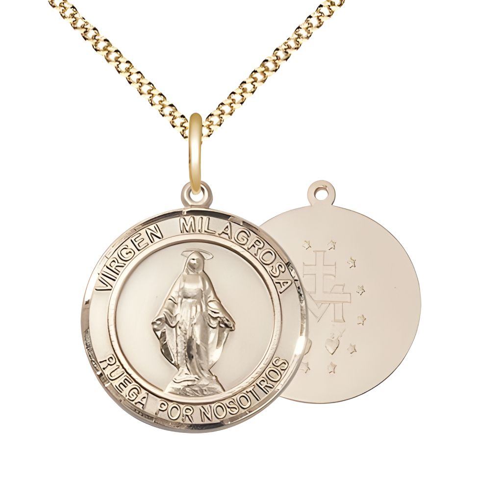 Bliss Round Spanish Virgen Milagrosa | Miraculous Medal 14kt Gold-Filled Pendant with Gold-plated Chain, Measures 3/4-inch tall by 1/2-inch wide.