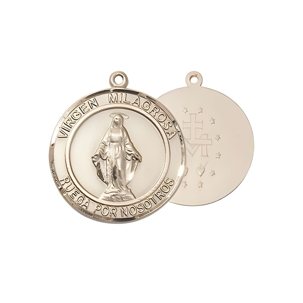 Bliss Round Spanish Virgen Milagrosa | Miraculous Medal 14kt Gold Pendant, Measures 3/4-inch tall by 1/2-inch wide.