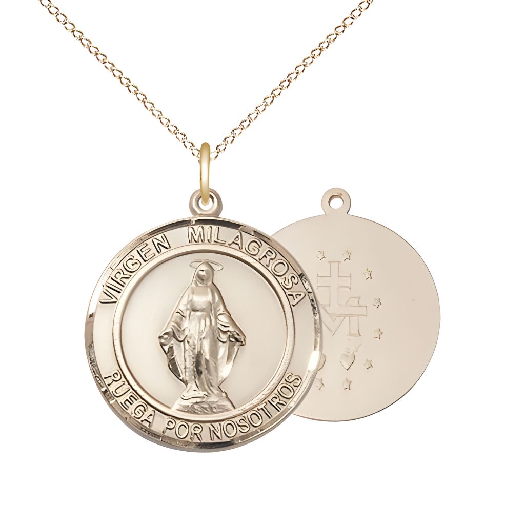 Bliss Round Spanish Virgen Milagrosa | Miraculous Medal 14kt Gold Pendant with 14kt Gold Chain, Measures 3/4-inch tall by 1/2-inch wide.