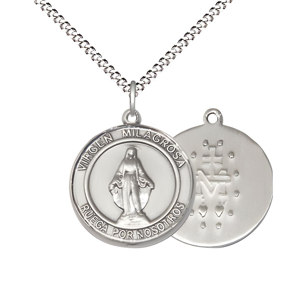 Bliss Round Spanish Virgen Milagrosa | Miraculous Medal Sterling Silver Pendant with Rhodium-plated Chain, Measures 3/4-inch tall by 1/2-inch wide.