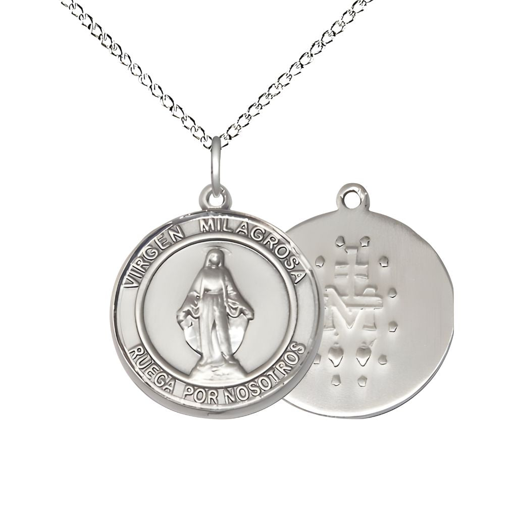 Bliss Round Spanish Virgen Milagrosa | Miraculous Medal Sterling Silver Pendant with Sterling Silver Chain, Measures 3/4-inch tall by 1/2-inch wide.
