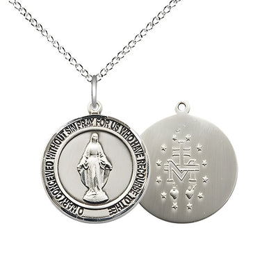 Round Miraculous Medal Sterling Silver Pendant with Sterling Silver Chain, Measures 3/4-inch tall by 5/8-inch wide, Bliss Manufacturing