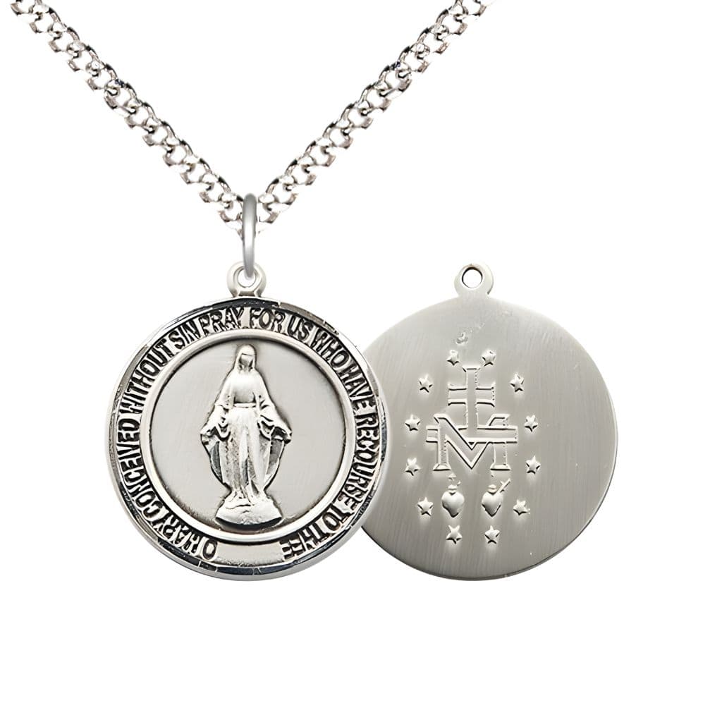 Bliss Round Miraculous Medal Sterling Silver Pendant with Rhodium-plated Chain, Measures 3/4-inch tall by 5/8-inch wide