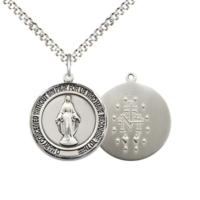 Round Miraculous Medal Sterling Silver Pendant with Rhodium-plated Chain, Measures 3/4-inch tall by 5/8-inch wide, Bliss Manufacturing