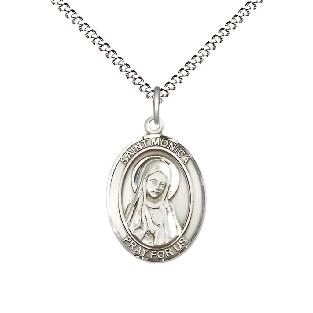 St. Monica Sterling Silver Oval Engravable Medal Necklace with Plated Chain, 3/4-inch,
