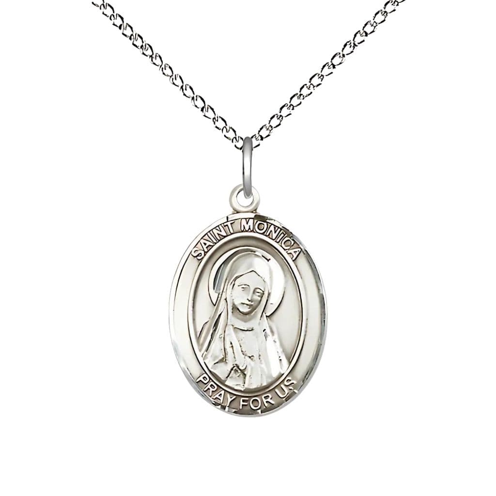 St. Monica Sterling Silver Oval Engravable Medal Necklace with Sterling Silver Chain, 3/4-inch,